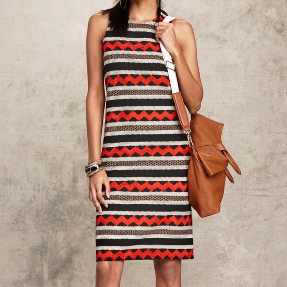 Worth New York Orange & Tan Stripe Crochet Knit Sleeveless Pencil Sheath Dress